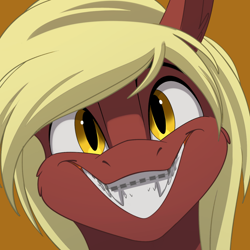 Size: 1000x1000 | Tagged: artist needed, source needed, safe, imported from derpibooru, oc, oc:picture perfect, bat pony, braces, cute, fangs, female, looking at you, ocbetes, sharp teeth, smiling, solo, teeth, yellow eyes