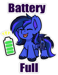 Size: 831x1069 | Tagged: safe, artist:rokosmith26, imported from derpibooru, oc, oc:guard cobalt flash, bat pony, battery, chest fluff, commission, eyes closed, floppy ears, happy, open mouth, social battery, standing, wings, ych result