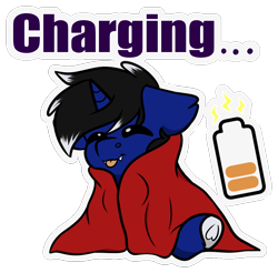 Size: 922x906 | Tagged: safe, artist:rokosmith26, imported from derpibooru, oc, oc only, oc:night reader, unicorn, :p, battery, blanket, charging, chest fluff, commission, eyes closed, floppy ears, half bat pony, social battery, tongue out, ych result