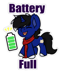 Size: 906x1059 | Tagged: safe, artist:rokosmith26, imported from derpibooru, oc, oc only, oc:night reader, unicorn, :p, battery, chest fluff, clothes, commission, eyes closed, floppy ears, half bat pony, happy, scarf, social battery, standing, tongue out, ych result