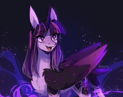 Size: 2017x1588 | Tagged: safe, artist:iheyyasyfox, imported from derpibooru, twilight sparkle, alicorn, pony, body markings, chest fluff, colored horn, colored pupils, colored wings, constellation, draw this in your style, draw this twi by jsunlight, female, horn, large wings, leonine tail, mare, open mouth, open smile, signature, smiling, solo, starry eyes, starry wings, stars, tail, turned head, twilight sparkle (alicorn), two toned wings, wingding eyes, wings