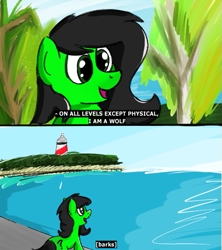 Size: 499x562 | Tagged: safe, artist:nonnyanon, oc, oc only, oc:filly anon, earth pony, pony, barking, drawthread, featured image, female, filly, lighthouse, meme, ocean, open mouth, ponified meme, solo, subtitles