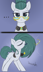 Size: 1800x3000 | Tagged: safe, artist:t72b, imported from derpibooru, cloudy quartz, earth pony, pony, eyes closed, female, glasses, hair bun, hair flip, hair tie, high res, jewelry, looking at you, loose hair, mare, milf, mouth hold, necklace, solo, stupid sexy cloudy quartz, this will end in pain, this will end in snu snu