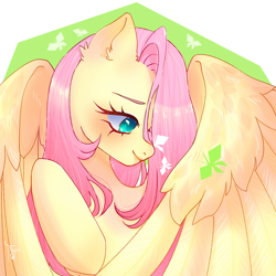 Size: 1610x1610 | Tagged: safe, artist:julieee3e, imported from derpibooru, fluttershy, butterfly, pegasus, pony, butterfly on nose, fanart, female, insect on nose, looking at something, mare, smiling, solo, wings