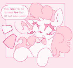 Size: 1467x1381 | Tagged: safe, artist:p0rk-guts, imported from derpibooru, pinkie pie, earth pony, pony, blush lines, blushing, eyes closed, pink background, simple background, solo, speech bubble