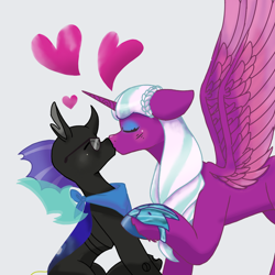 Size: 1080x1080 | Tagged: safe, artist:flower-black, imported from derpibooru, opaline arcana, oc, oc:alejandrogmj, alicorn, changeling, pony, canon x oc, changeling oc, clothes, commission, concave belly, duo, eyes closed, g5, gray background, heart, kissing, scarf, simple background, white background