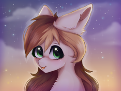 Size: 1600x1200 | Tagged: safe, imported from derpibooru, oc, pegasus, pony, blushing, brown mane, commission, cute, ear fluff, face licking, fluffy, green eyes, happy, licking, sky, solo, sparkles, stars, sunset, tongue out