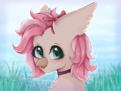 Size: 1600x1200 | Tagged: safe, imported from derpibooru, oc, seapony (g4), blue background, blushing, bow, choker, cute, ear fluff, face licking, fluffy, grass, green eyes, hair bow, licking, ocean, pink hair, simple background, solo, sparkles, tongue out, water
