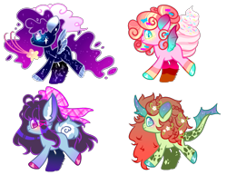 Size: 2120x1640 | Tagged: safe, artist:anno酱w, imported from derpibooru, oc, bat pony, dracony, dragon, hybrid, original species, pegasus, pony, base used, blind bag, bow, bunny ears, candy, chibi, cloud, ethereal mane, flower, flower in hair, flowing hair, flowing mane, flowing tail, food, ice cream, rabbit pony, rainbow, shooting star, simple background, starry mane, stars, tail, toy, transparent background