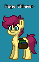 Size: 258x402 | Tagged: safe, imported from derpibooru, oc, oc only, oc:page skimmer, earth pony, pony, pony town, bag, book, book bag, chest fluff, earth pony oc, light blue background, magenta mane, male, simple background, solo, teal eyes