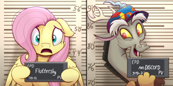 Size: 2000x1000 | Tagged: safe, artist:candy meow, imported from derpibooru, discord, fluttershy, draconequus, pegasus, pony, barbie, barbie mugshot meme, cap, confused, duo, female, happy, hat, male, mare, meme, mugshot, scared