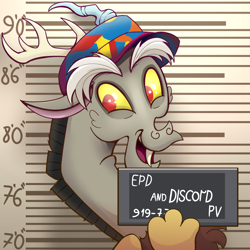 Size: 1000x1000 | Tagged: safe, artist:candy meow, imported from derpibooru, part of a set, discord, draconequus, barbie, barbie mugshot meme, cap, happy, hat, male, meme, mugshot, solo