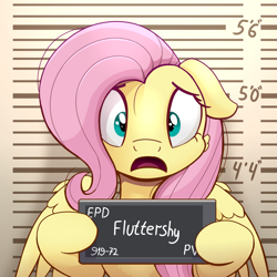 Size: 1000x1000 | Tagged: safe, artist:candy meow, imported from derpibooru, part of a set, fluttershy, pegasus, pony, barbie, barbie mugshot meme, confused, female, mare, meme, mugshot, scared, solo