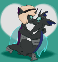 Size: 1684x1812 | Tagged: safe, artist:floppochkin, imported from derpibooru, oc, oc:cercus, oc:spiracles, changeling, blushing, changeling oc, commission, cute, cuteling, ear piercing, earring, female, hug, jewelry, kissing, lesbian, piercing, surprised, wide eyes, wig