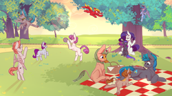 Size: 4500x2500 | Tagged: safe, artist:chapaevv, imported from derpibooru, rarity, oc, oc:blackburn, oc:bluebolt, oc:dreamchaser, oc:fireglow, oc:golden crest, oc:kluster, oc:lockwood, oc:silver lining, earth pony, kirin, pegasus, pony, unicorn, ball, basket, brush, clothes, colt, commission, crisis equestria, eating, family, female, feral, filly, flying, foal, folded wings, food, horn, kids, lying down, male, mare, mouth hold, multiple characters, park, picnic, picnic blanket, rearing, sandwich, scarf, sitting, spread wings, stallion, tree, wings