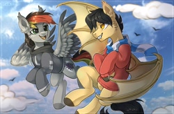 Size: 2047x1347 | Tagged: safe, artist:trickate, imported from derpibooru, oc, oc:anja snow, bat pony, pegasus, clothes, cloud, cloudy, flying, happy, hoodie, pegasus oc, sky, wings