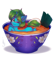 Size: 1600x1800 | Tagged: safe, artist:falafeljake, imported from derpibooru, oc, oc only, oc:arcane gear, unicorn, bowl, food, horn, noodles, ramen, simple background, soup, unicorn oc, white background