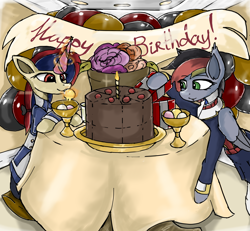 Size: 3244x3001 | Tagged: artist needed, safe, imported from derpibooru, oc, oc:anja snow, oc:soleil moonshadow, pegasus, unicorn, birthday cake, birthday party, cake, food, hat, horn, party, party hat, pegasus oc, unicorn oc, wings