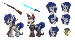 Size: 6839x3712 | Tagged: safe, artist:ryanmandraws, imported from derpibooru, oc, oc only, oc:thunder gale, pegasus, armor, cutie mark, facial expressions, female, gun, hardlight blade, mare, power armor, reference sheet, scar, shotgun, simple background, weapon, white background