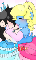 Size: 1579x2587 | Tagged: safe, artist:blackbewhite2k7, imported from derpibooru, oc, oc:azure/sapphire, oc:zaria deibele, equestria girls, crossdressing, equestria girls-ified, female, femboy, kissing, makeup, making out, male, princess gowns