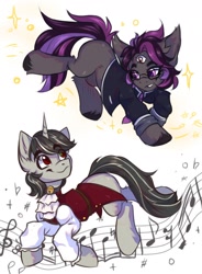 Size: 1400x1900 | Tagged: safe, artist:falafeljake, imported from derpibooru, oc, oc only, earth pony, pony, unicorn, clothes, commission, duo, earth pony oc, eye clipping through hair, eyebrows, eyebrows visible through hair, glasses, horn, looking at each other, looking at someone, male, music notes, simple background, smiling, sparkles, stallion, unicorn oc, white background