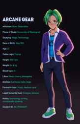Size: 3849x5912 | Tagged: safe, artist:mrscroup, imported from derpibooru, oc, oc only, oc:arcane gear, human, clothes, green hair, humanized, humanized oc, jacket, pants, shoes, simple background, solo, wetsuit