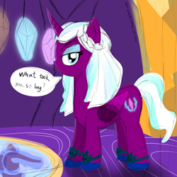 Size: 2048x2048 | Tagged: safe, artist:knife smile, imported from derpibooru, opaline arcana, alicorn, pony, bedroom eyes, g5, looking at you, opaline's dark castle, speech bubble, thaumcraft