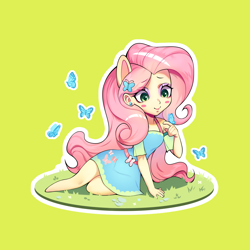 Size: 3508x3508 | Tagged: safe, artist:ikstina, imported from derpibooru, fluttershy, butterfly, human, equestria girls, blushing, chibi, clothes, cute, dress, ears, grass, grass field, green background, green eyes, humanized, keychain, long hair, looking down, makeup, merchandise, on grass, pink hair, pony ears, simple background, solo, sticker