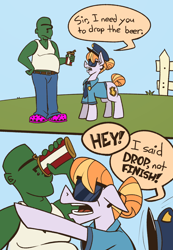 Size: 1020x1478 | Tagged: safe, artist:cowsrtasty, imported from derpibooru, copper top, oc, oc:anon, earth pony, human, pony, alcohol, beer, beer belly, clothes, crocs, drawthread, female, hooves, male, mare, police, police uniform, sunglasses