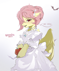 Size: 1992x2410 | Tagged: safe, artist:spoosha, imported from derpibooru, fluttershy, bat pony, butterfly, apple, bat ponified, clothes, dress, flutterbat, food, hospital, jewelry, race swap