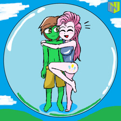 Size: 894x894 | Tagged: safe, artist:neutralchilean, imported from derpibooru, pinkie pie, oc, human, equestria girls, bondage, bubble, clothes, encasement, female, in bubble, male, shipping, swimsuit