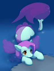 Size: 2800x3707 | Tagged: safe, artist:kaenn, imported from derpibooru, oc, oc only, oc:merpaint, merpony, pony, sea pony, seapony (g4), cute, digital art, dorsal fin, fin, fin wings, fins, fish tail, flowing tail, ocean, orange eyes, puppy dog eyes, purple mane, purple tail, seapony oc, signature, smiling, solo, tail, water, wings