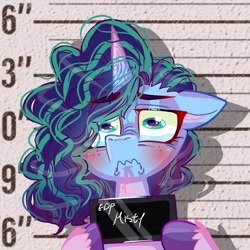 Size: 1280x1280 | Tagged: safe, artist:jully-park, imported from derpibooru, pony, unicorn, barbie mugshot meme, crying, digital art, female, frown, g5, horn, mare, meme, misty brightdawn, mugshot, sad, solo, unshorn fetlocks, wavy mouth