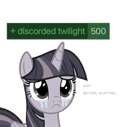 Size: 3772x3772 | Tagged: safe, artist:wardex101, imported from derpibooru, twilight sparkle, alicorn, pony, uprooted, crying, crylight sparkle, discorded, discorded twilight, female, folded wings, frown, high res, mare, milestone, sad, simple background, solo, text, transparent background, twilight sparkle (alicorn), twilight tragedy, wings