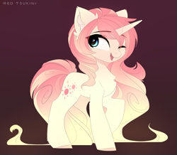 Size: 2719x2369 | Tagged: safe, artist:red_tsukini, imported from derpibooru, oc, oc only, pony, unicorn, chest fluff, eyebrows, eyebrows visible through hair, female, gradient background, high res, horn, looking at you, mare, one eye closed, open mouth, open smile, raised hoof, signature, smiling, smiling at you, solo, unicorn oc, wink, winking at you