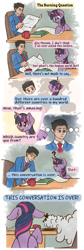 Size: 1009x3000 | Tagged: safe, imported from derpibooru, twilight sparkle, alicorn, human, ace attorney, chibi, comic, commission, context in comments, crossover, digital art, floppy ears, newspaper, panels, phoenix wright, reading, simple background, sitting, speech bubble, text, twilight sparkle (alicorn)