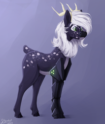 Size: 3400x4000 | Tagged: safe, artist:stardustspix, imported from ponybooru, oc, oc only, deer, amputee, antlers, coat markings, colored eyebrows, colored eyelashes, deer oc, facial markings, green eyes, high res, male, prosthetic leg, prosthetic limb, prosthetics, purple coat, solo, white mane