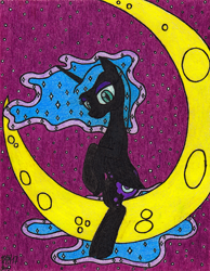 Size: 1620x2092 | Tagged: safe, artist:aracage, imported from derpibooru, nightmare moon, crescent moon, looking at you, moon, sitting, stars, traditional art, younger