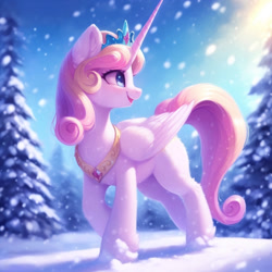 Size: 1152x1152 | Tagged: safe, editor:nightluna, imported from derpibooru, princess flurry heart, alicorn, pony, ai content, ai generated, crown, ear fluff, eyelashes, female, generator:purplesmart.ai, generator:stable diffusion, jewelry, looking sideways, mare, missing cutie mark, open mouth, open smile, prompter:nightluna, regalia, sky, smiling, snow, snowfall, tree, winter