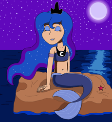 Size: 1295x1410 | Tagged: safe, artist:ocean lover, imported from derpibooru, princess luna, human, mermaid, starfish, bandeau, bare shoulders, beautiful, beautisexy, belly, belly button, blue eyeshadow, blue hair, blue lipstick, boulder, crown, curvy, elegant, ethereal hair, eyes closed, eyeshadow, fins, fish tail, hourglass figure, human coloration, humanized, jewelry, lipstick, long hair, makeup, mermaid princess, mermaid tail, mermaidized, mermay, midriff, moon, ms paint, night, night sky, ocean, pose, pretty, princess of the night, reflection, regalia, relaxing, rock, shiny hair, sitting, sky, smiling, species swap, starry background, starry hair, starry night, stars, tail, tail fin, water, wavy hair