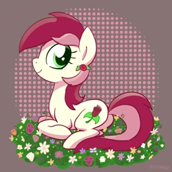 Size: 2048x2048 | Tagged: safe, artist:pfeffaroo, imported from derpibooru, roseluck, earth pony, pony, brown background, flower, lying down, profile, prone, side view, simple background, smiling, solo