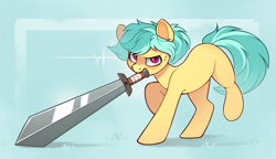 Size: 2343x1351 | Tagged: safe, artist:rexyseven, imported from derpibooru, oc, oc only, oc:karoline skies, earth pony, pony, mouth hold, solo, sweat, sweatdrops, sword, weapon