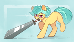 Size: 2343x1351 | Tagged: safe, artist:rexyseven, imported from derpibooru, oc, oc only, earth pony, pony, mouth hold, solo, sweat, sweatdrops, sword, weapon