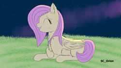 Size: 3840x2160 | Tagged: safe, artist:sc_orion, imported from ponybooru, fluttershy, pegasus, eyes closed, fluffy, grass, missing cutie mark, night, smiling, wings