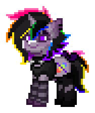 Size: 188x224 | Tagged: safe, imported from derpibooru, oc, oc only, oc:strobestress, pony, unicorn, pony town, bow, clothes, collar, ear piercing, earring, eyeshadow, glowstick, jewelry, leg warmers, makeup, multicolored hair, piercing, pixel art, purple eyes, rainbow hair, simple background, smiling, smirk, socks, solo, sprite, strobe lights, thigh highs, transparent background