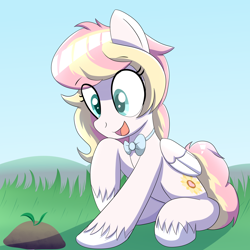 Size: 2000x2000 | Tagged: safe, artist:trackheadtherobopony, imported from derpibooru, oc, oc:ninny, pegasus, pony, bow, grass, looking at something, solo, sprout