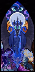 Size: 1084x2180 | Tagged: safe, artist:thatonegib, imported from derpibooru, nightmare moon, princess luna, bat pony, unicorn, banner, castle of the royal pony sisters, digital art, element of generosity, element of honesty, element of kindness, element of laughter, element of loyalty, element of magic, elements of harmony, grin, levitation, looking at you, magic, night guard, prophecy, scroll, signature, smiling, smiling at you, spread wings, stained glass, stained glass window, telekinesis, wings
