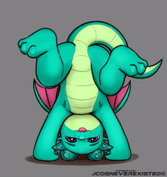 Size: 3858x4093 | Tagged: safe, artist:jcosneverexisted, imported from derpibooru, dragon, :p, baby, baby dragon, cute, featureless crotch, freckles, g5, handstand, looking at you, male, solo, sparky sparkeroni, sparkybetes, tongue out, upside down