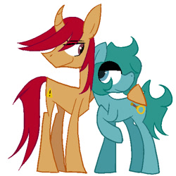 Size: 512x512 | Tagged: safe, artist:alandisc, imported from derpibooru, oc, oc only, oc:max crow, oc:raymond pony, earth pony, pony, unicorn, butt touch, curved horn, duo, eye clipping through hair, eyebrows, eyebrows visible through hair, height difference, hoof on butt, horn, looking at each other, looking at someone, male, raised hoof, simple background, smiling, smirk, tall, white background