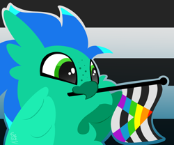 Size: 1800x1500 | Tagged: safe, artist:starcasteclipse, imported from derpibooru, oc, oc only, oc:sky splash, hippogriff, beak, commission, cute, eyes open, flag, hippogriff oc, object in mouth, pride, pride flag, pride month, solo, straight ally flag, ych example, ych result, your character here, your charecter here